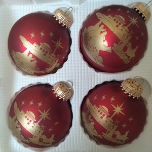 Vintage Holiday Time Nativity Glass Christmas Tree Ornament Red & Gold